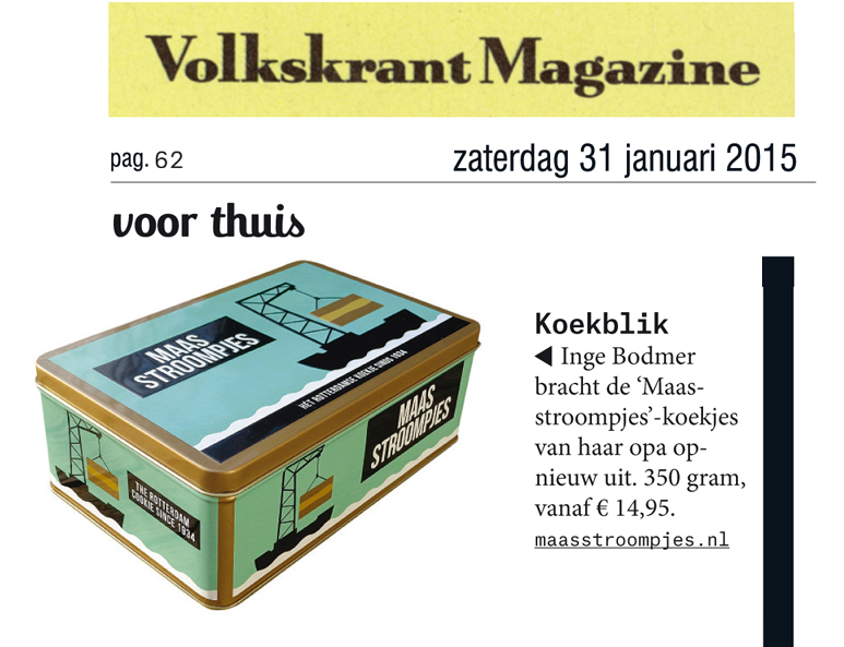 Het Volkskrant Magazine vermeldt het Koekblik met Maastroompjes